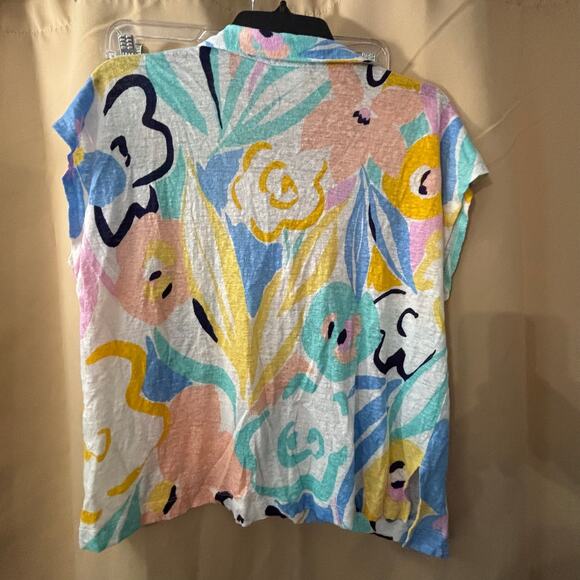Rachel Zoe Women’s XL 100% Linen Top Colorful Abstract Print Short Sleeve Blouse - Picture 2 of 3